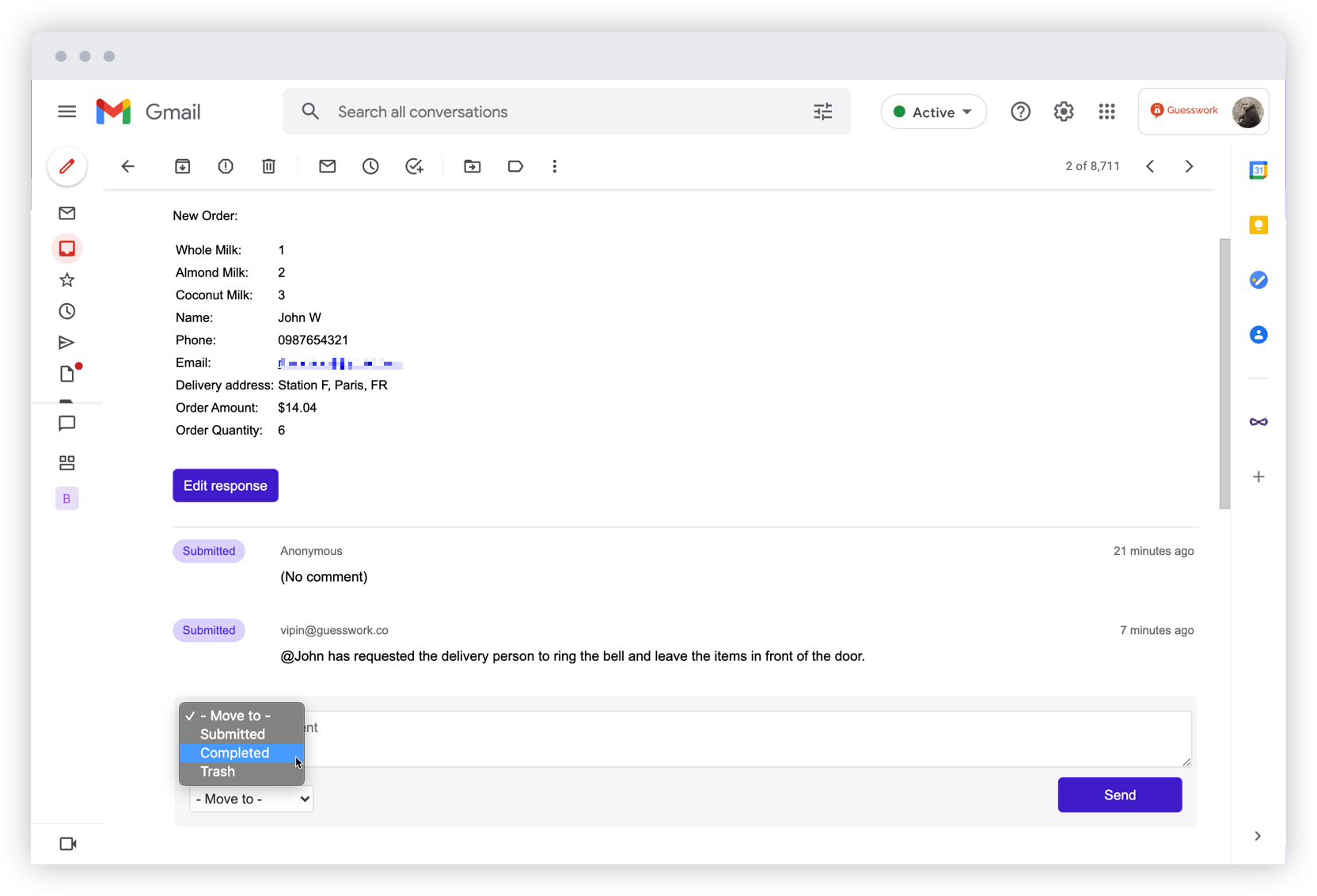 No need to switch between different apps to manage form responses. Streamline your workflow by updating status right inside gmail